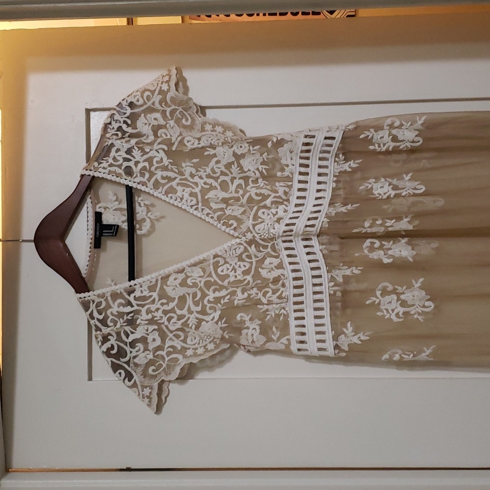 Sheer/Nude-colored Embroidered Maxi Dress with White Elements